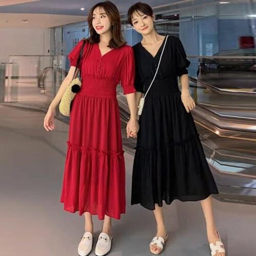 V Neck Short Sleeve Women Midi Dress Vintage Pleated Elastic High Waist A Line Long Dresses Summer Buttons Ruffles Robe Vestidos