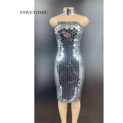 Party Dress Silver Sequins Transparent Sleeveless Short Dress Bar Prom Women Dancer Outfit Birthday Celebrate Mirror Dress