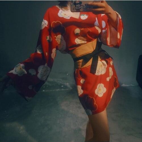 Womens Clothing Summer Red Skirt Japanese Kimono Bow Dresses Printing Size Up One Piece Dress Mini Skirt Close Your Waist Dress