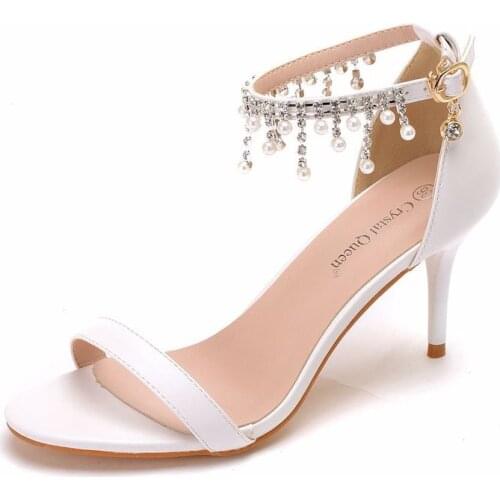Women sandals wedding banquet PU Rhinestones Buckle Strap 7.5CM Thin High heels Round Toe sandal women shoes 2020 size 35-42