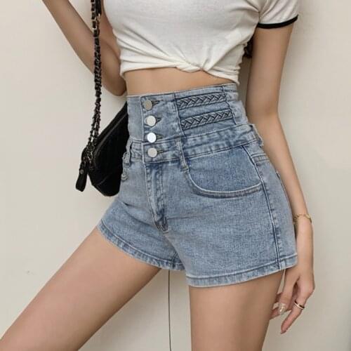 Breasted High Waist Stretch Jeans Womens summer new fashion versatile denim shorts slim A-line hot pants