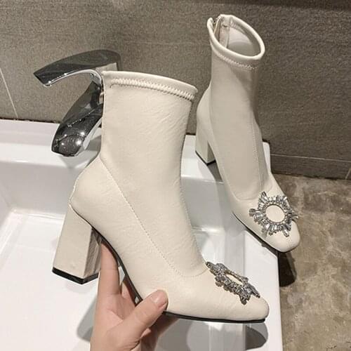 Womens Ankle Boots Rhinestone Solid Fashion Zip Mid Heels Female Short Boots Pu Leather Spring Autumn Ladies Footwear 2021