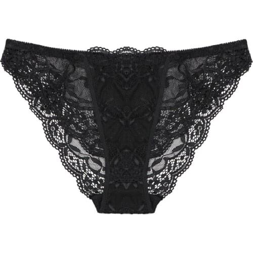 Womens Sexy Lace Briefs Flowers Ultra-Thin Transparent Panties See Through Bow-knot Panties