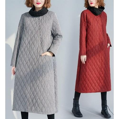 Thick Cotton Women Dress Plus Size Autumn Winter Turtleneck Long Retro Plaid Clothes Loose Casual Pullover Kobieta Sukienka W025