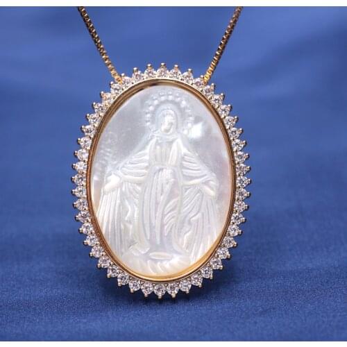 Gold color Virgin Mary Pendant Necklace around white Zirconias Natural Freshwater Mother Of Pearl Necklace for Women Jewelry2019