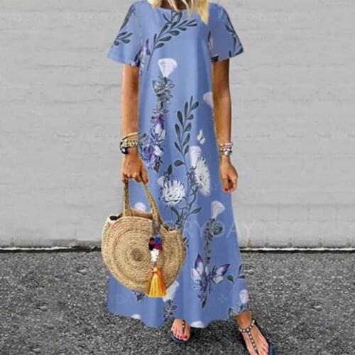 Ladies Elegant Dress Flower Leaf Print Short Sleeve Wide Hem Loose Breathable Leisure Dress for Outdoor New 2021