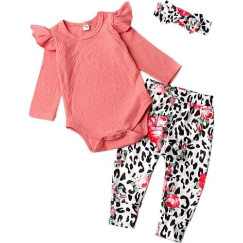 3pcs Baby Girls Clothes Sets Bodysuit Pants Hair Band Cotton Solid Color Long Sleeve Romper + Leopard Trousers Newborn Girl Set