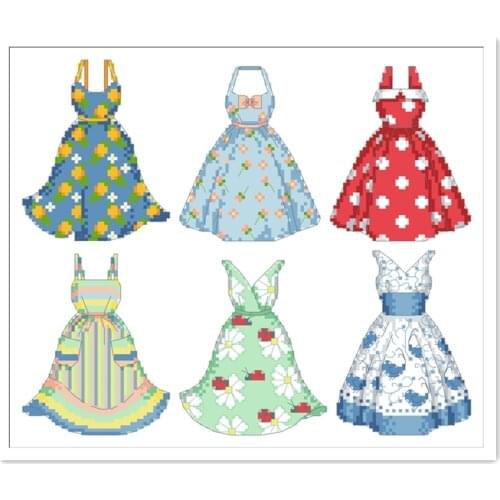 6 dresses cross stitch package women skirt clothes 18ct 14ct 11ct white cloth cotton thread embroidery DIY handmade needlework