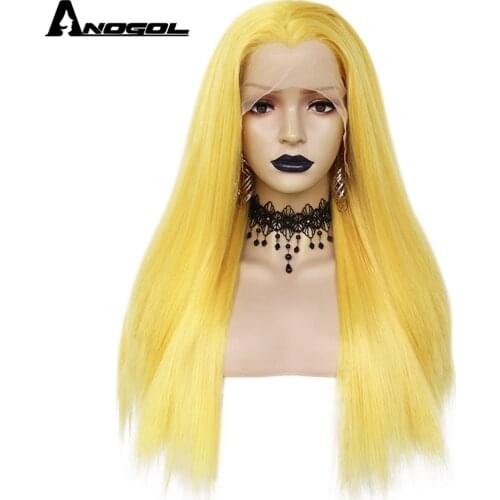 Anogol Cosplay Synthetic Lace Front Wig Cosplay Wig Straight 26 inches Yellow Lace Wig Blonde Wig For Black Women