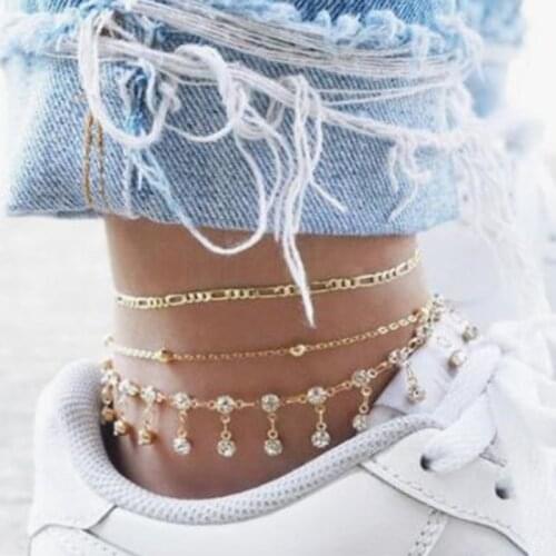 Bohemian Fashion Simple Crystal Tassel Round Pendant Multilayer Anklets Set Trendy Beach Gold Chain Foot Jewelry Gifts