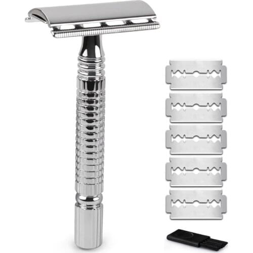 Classic Mens Short Handle Double Edge Safety Razor Stainless Steel Manual Razor For Wet Shaving With 5 Pieces Shaving Blade