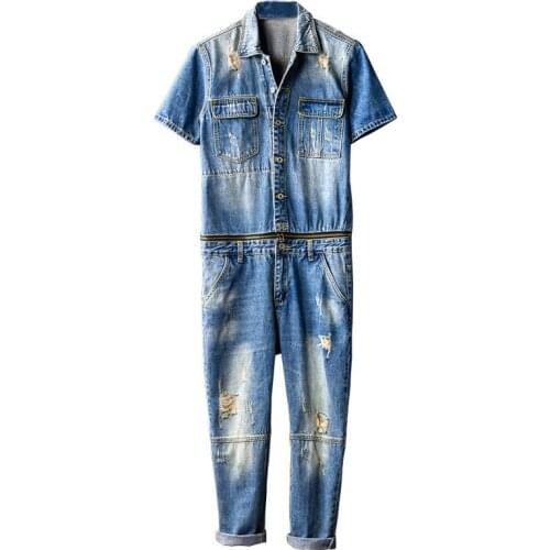 Japanese Retro denim Jumpsuit Male Korean version of the Hole Nine points pants Detachable Jumpsuit Short Sleeve Suit