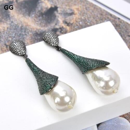 GuaiGuai Jewelry White Sea Shell Pearl Green CZ Pave Gunmetal Stud Earrings