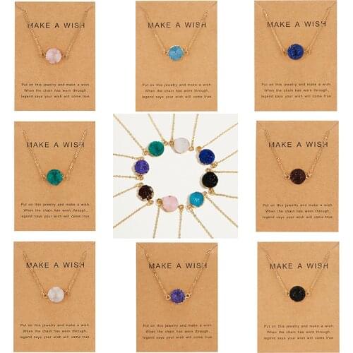 Rinhoo Wish Card Jewelry Gift Round Pendant Necklace Natural Stone Quartz Druzy Stone Link Chain Necklace for Women Collars