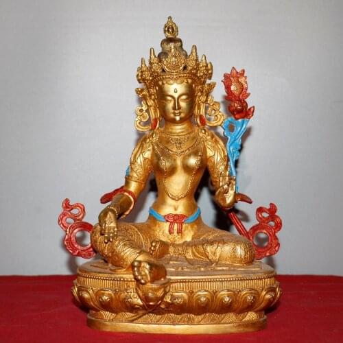 11"Chinese temple collection Old Bronze Gilt Green Tara Bodhisattva Sitting Buddha Painted Ornaments Town House Exorcism