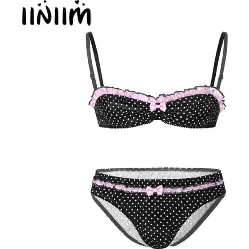 Iiniim Mens Sissy Exotic Lingerie Sets Polka Dot Spaghetti Straps Ruffles Bra Top with Jockstraps Pouch Briefs Underwear Panties