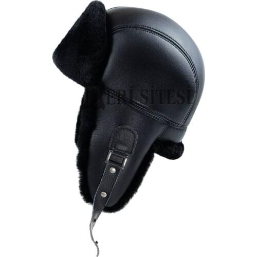 Mens Shearling Sheepskin Leather Aviator Russian Ushanka Trapper Winter Fur Hat Black - Handmade Leather Hat