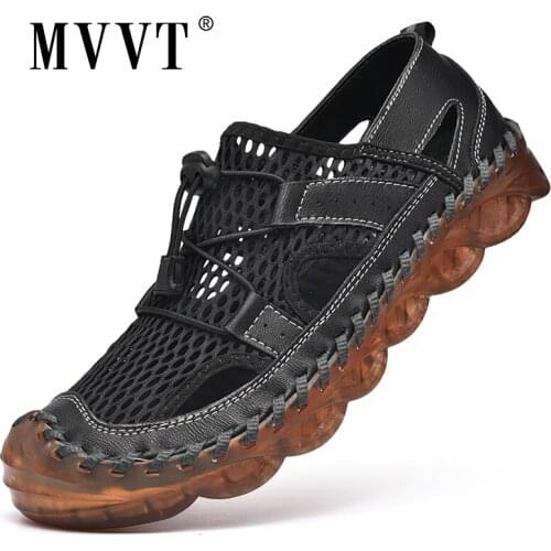 New Breathable Men Shoes Waterproof Genuine Leather+Mesh Outdoor Sneakers Men Sandals Antiskid Beach Hollow Shoes Footwear