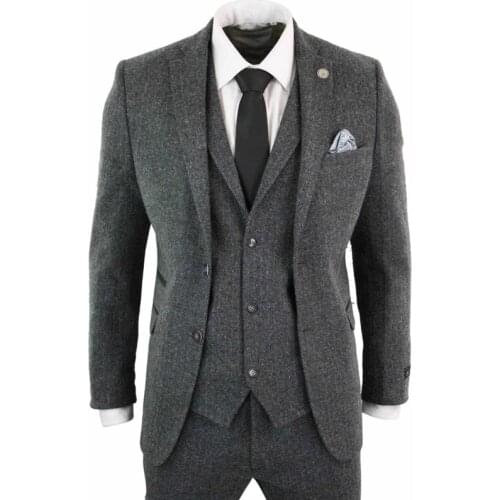 Mens Suit 3 PICS Suit Herringbone Dark Grey Lapel Wool Tweed Slim Fit For Formal Wedding Groom Clothing (Blazer+Vest+Pants)