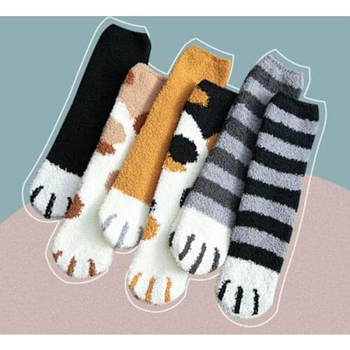 Q Breathable Plush Coral Fleece Socks Female Tube Socks Autumn Winter Cat Claws Cartoon Thick Warm Sleeping Floor Sleep Socks