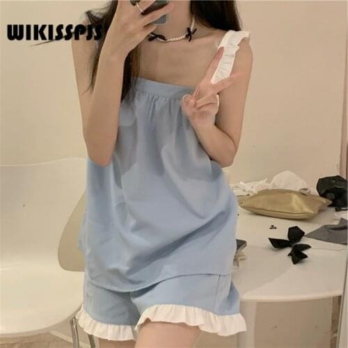 WIKISSPJS 2021 Summer New Korean Lace Suspender Pajamas Sexy Bow and Ruffle Girls' Home Clothes Sleepwear Lounge Wear