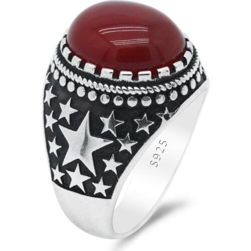 Original 925 Sterling Silver Men Rings with Natural Red Agate Stone Shiny Stars Male Women Ring Turkish Thai Silver Jewelry Gift
