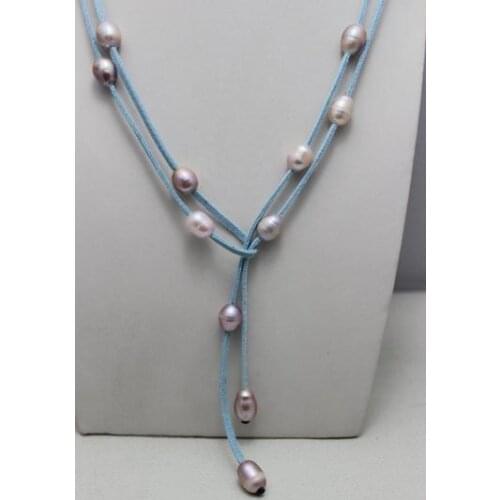 New Arriver Leather Pearl Jewelry Light Blue Leather Natural Purple Freshwater Pearl Necklace 10x12mm 48 inches