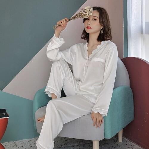 Pajama Set Women Long Sleeve Trousers Lace Satin Pajamas Two Piece Set White Black Spring /Autumn Sleepwear Summer