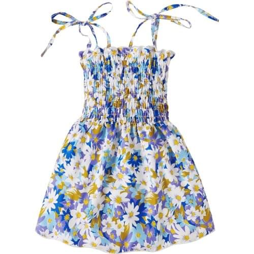 Infant Summer Princess Dress, Girls Smocked Tie Up Floral Print Boat Neck Spaghetti Strap Dresses