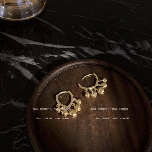 S925 Silver Needle Gold Plated Metal Copper Heart Shaped Huggie Hoop Earrings Korean Temperament Metal Ball Tassel Earring