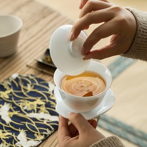 Sweet Ceramic Whiteware Cover Bowl Medium Jade Porcelain Tea Bowl High White Three-Force Bowl Thin Tire Kung Fu Tea Set Gaiwan