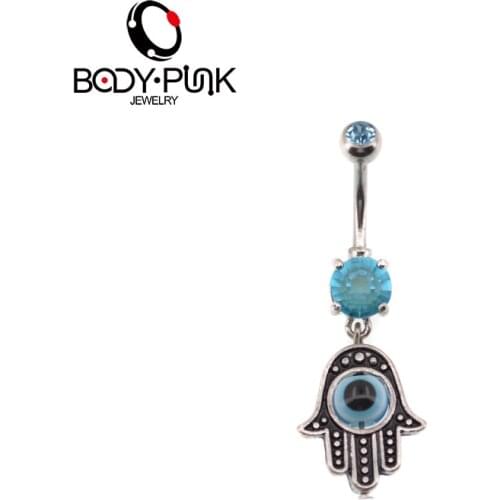 BODY PUNK Trendy Blue Teal CZ With Hasma Dangle Belly Button Ring Female Fake Piercing Ombligo/Nombril Navel Piercing Jewelry