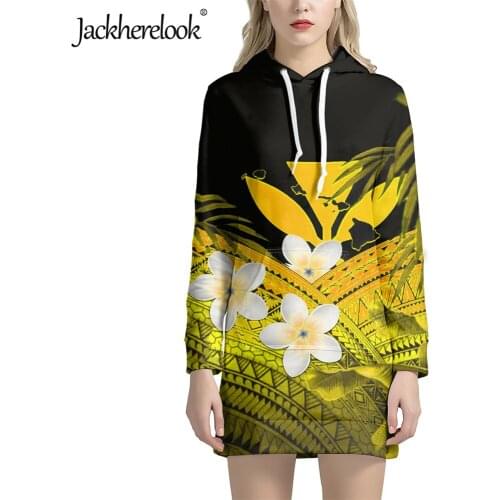 Jackherelook Hawaii Kanaka Maoli Polynesian Tribal Hibiscus Womens Long Sleeve Hoodie Pockets Pullover Dress Tunic Sweatshirts