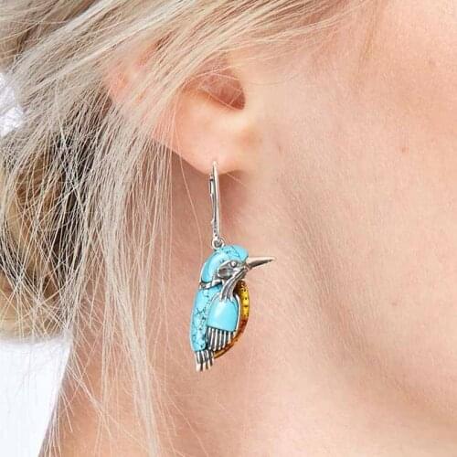 Vintage Natural Women Earrings Blue Turquoises Bird Cute Animal Shaped Resin Drop Earrings Party Accessories Jewelry Gifts