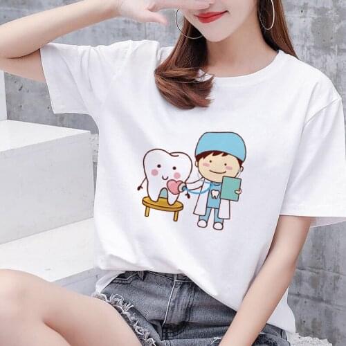 Harajuku Kawaii O-neck T-shirt Plus Size Female Top Aesthetic Funny Tooth Dentist Women T-shirt 90s