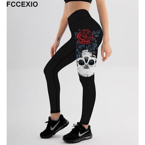 FCCEXIO Jogging Pants Women Skull&Roses 3D Print High Quality Leggings Fashion Elastic Trousers Sporting Fitness Gym Leggins