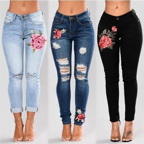 Women Slim Denim Pants Stretch Embroidered Jeans Female Elastic Flower Jeans Pantalon Femme Hole Ripped Rose Pattern Jeans