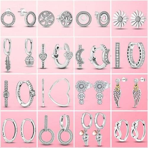 Hot Sale 925 Sterling Silver Daisy Flower Family Tree Big Heart Stud Earrings For Women Silver S925 Original Fashion Jewelry