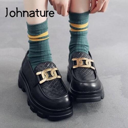 Johnature Pumps Women Shoes Genuine Leather 2021 New Spring/Autumn Retro Platform Heels Casual Sewing Handmade Ladies Shoes