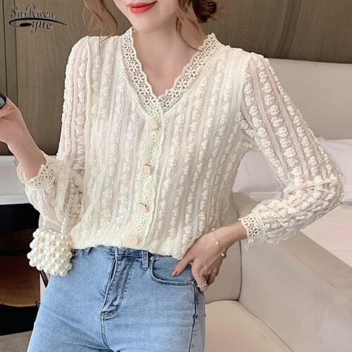 Lace Hollow Stitching Women Top Chic Autumn Sweet Long Sleeve Lace Blouse Korean Style V-neck Button Clothing Blusas Mujer12567