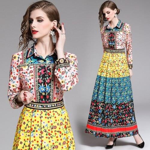 Spring Summer Fall Runway Floral Print Collar Long Sleeve Empire Waist Women Ladies' Party Casual A-Line Maxi Beach Dress