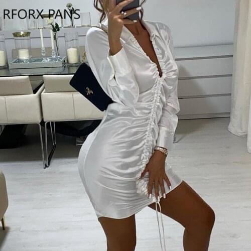 Women Solid Deep V neck Long Sleeves Shirring Mini Party Sexy White Dress