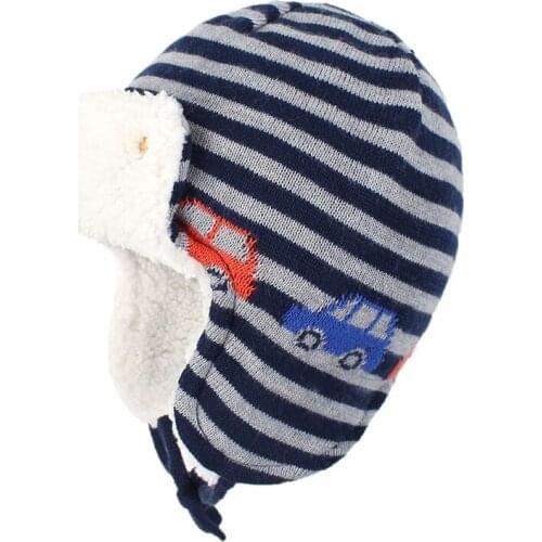 Winter Bomber Hat Boy Knit Beanie Kid Autumn Earflap Car Stripe Dobby Warm Skiing Cotton Fleece Outdoor Accessory Toddler Baby