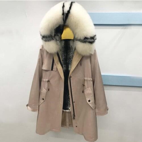 100% Genuine Rabbit Fur Jacket New Winter Warm Coat womens Removable Parka With Pattern Imitation Mink Inner Liner Coat