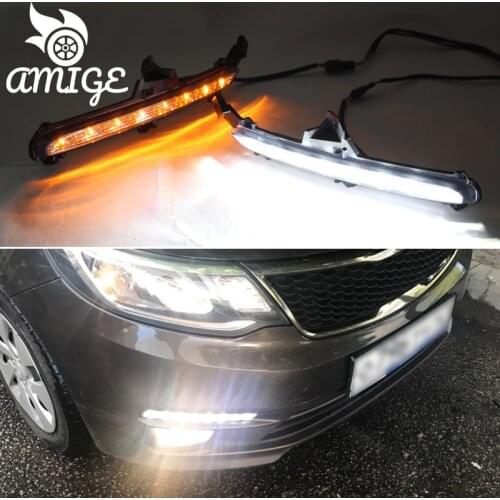 12V Car LED DRL Daylights For Kia Rio K2 2015 2016 Yellow Turn Signal Daytime Running Headlamps Auto Driving Lamp