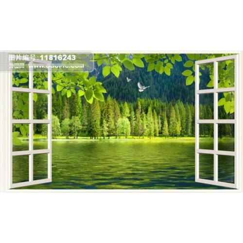 Custom mural on the wall 3d wall paper Window green forest lake scenery home decor photo wallpaper in the living room