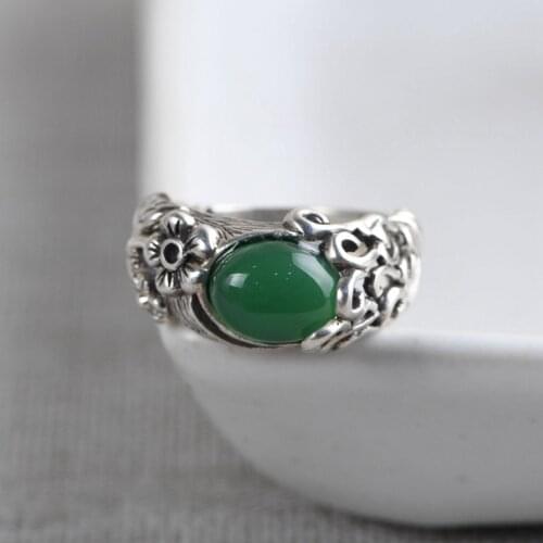FNJ 925 Silver Flower Ring Original S925 Sterling Silver Rings for Women Jewelry Open Adjustable Size Green Agate