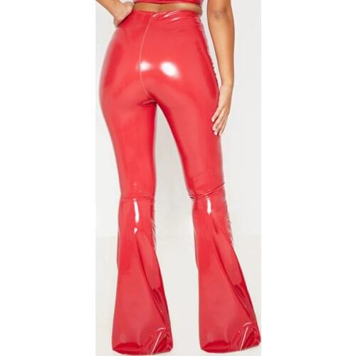 Red Latex Leather High Waisted Flare Trouser Women Stretch Slim PVC Pants Leggings Office Lady PU Leather Trousers Party Custom