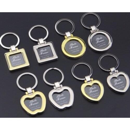Mini Photo Frame Keychains Metal Insert Photo Picture Frame Keychain Heart Round Apple Shape Keyrings Couples Gift SN1767