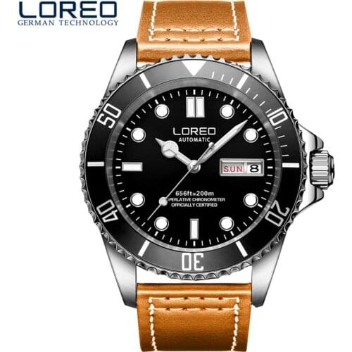 Men Automatic Self Wind Mechanical Leather Strap Sports Style LOREO Diving Series Rotatable Bezel Classic Watch Luminous Clock
